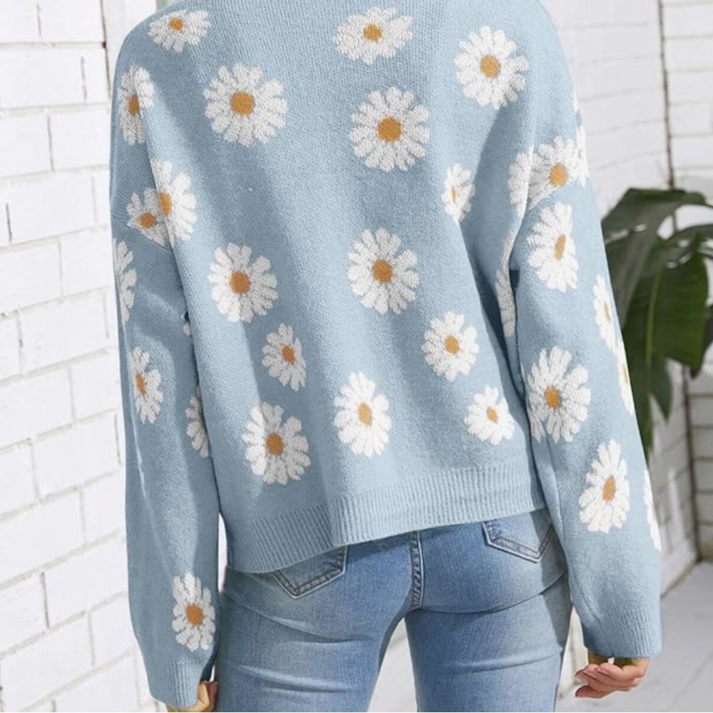 Floral Print Cardigan Long Sleeve Open Front Button Down V Neck Knitted Sweaters - Picture 3 of 6